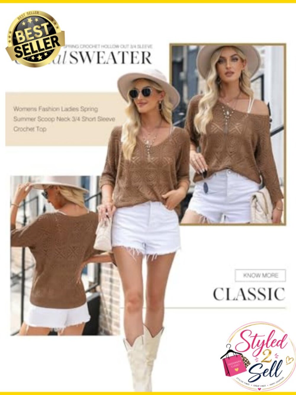 Dokotoo Crochet Hollow Out 3/4 Sleeve Pullover Sweater Off Shoulder Top - Picture 2 of 6